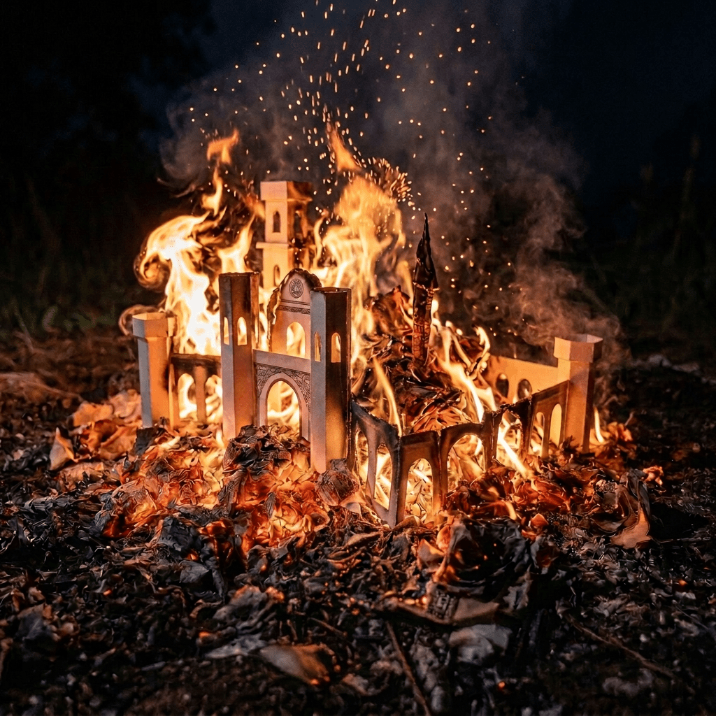 Miniature medieval-style castle engulfed in flames and glowing embers at night